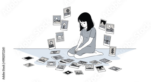 A sad girl sitting on the floor surrounded by many scattered photo snapshots