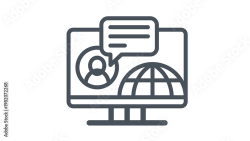 Global Online Communication and Social Networking Vector Icon Illustration Featuring a Computer Monitor with a Person Profile, World Globe, and Speech Bubble for International Digital Business.
