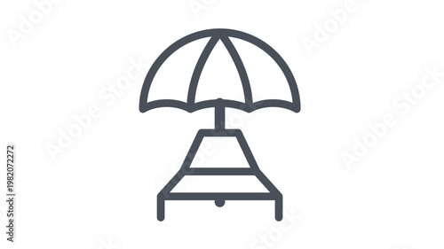 Beach chair and umbrella vector icon. Minimalist black line illustration of a parasol and sun lounger for summer vacation, travel, and relaxation concepts. Scalable graphic symbol on white.