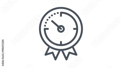 Minimalist black line art vector icon of a stopwatch medal with ribbons, symbolizing time management achievement, performance efficiency, speed award, and deadline success illustration.