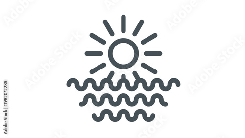Foto Minimalist black vector icon illustration of a sun with rays rising or setting over wavy ocean water, a clean and scalable symbol for nature, weather, summer, beach, and sunrise concepts