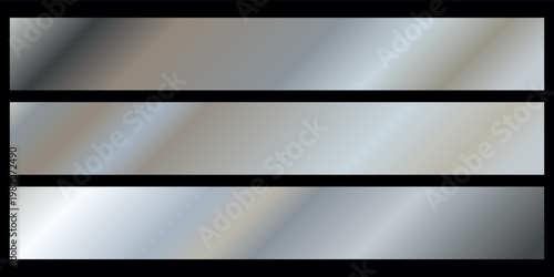 Vector set of illustration of different silver metallic foil texture gradation for border, ribbon, frame. Background set. 3d realistic style design of shiny silver gradient with stripe background
