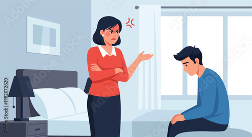 An angry mother scolding her sad teenage son sitting on the edge of a bed