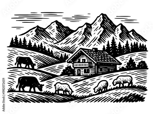 Hand drawn farmland with cultivated rows and rural houses. Vintage agricultural landscape with hills and village in background. Vector black ink illustration in engraving style