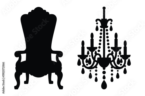 Ornate throne chair and crystal chandelier vector illustration with chandelier