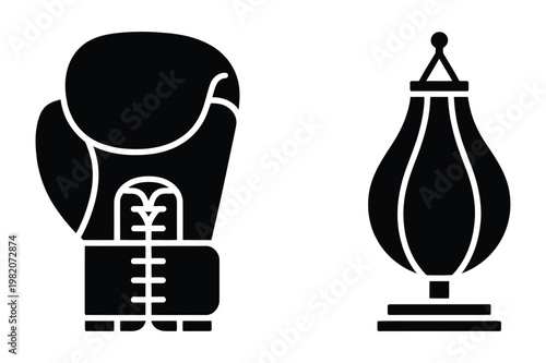 Boxing glove and speed bag vector icons for training with training, exercise