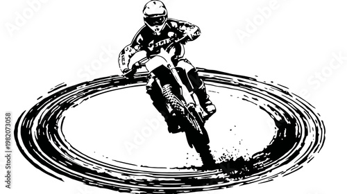 Black-and-white sketch of a motocross rider turning on a track with a white background