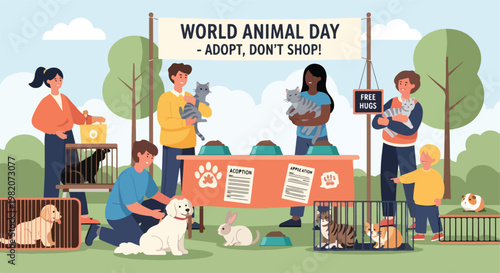 People volunteering at an outdoor animal adoption event with pets in crates