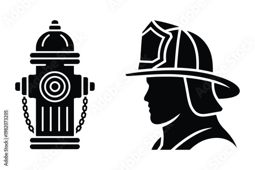 Silhouette of a fire hydrant and a firefighter helmet with firefighter, headwear