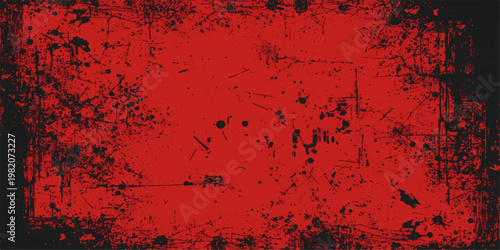 A dark vintage grunge background features a dirty textured red paint pattern on an old aged wall with a black blood art illustration design
