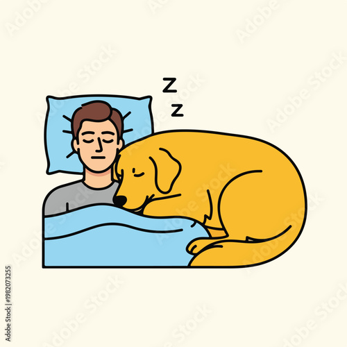 A cartoon man sleeping peacefully in bed with his yellow dog curled beside him