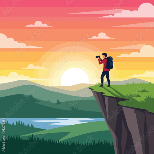 A photographer with a backpack stands on a cliff edge during a beautiful sunset