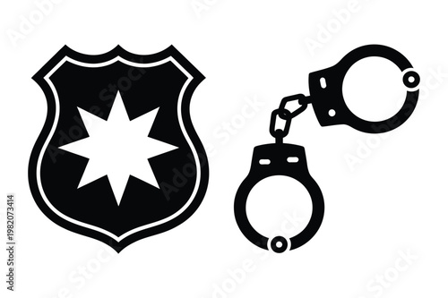 Police badge and handcuffs silhouette icons with handcuffs, enforcement