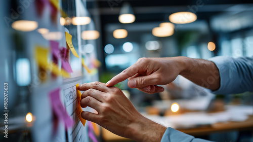 Close up of hands at a bright office placing a risk and assumption log entry on a project board with color coded severity indicators warm risk management meeting lighting