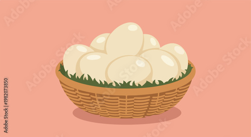 A woven basket filled with many white eggs nestled on a bed of green grass