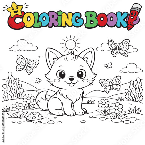 A cute fox, outline for coloring. In a flower meadow with butterflies. Vector drawing.
