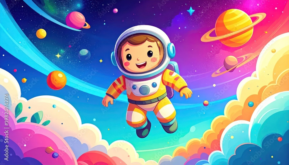 Naklejka premium Cartoon astronaut floats among colorful planets, clouds and stars