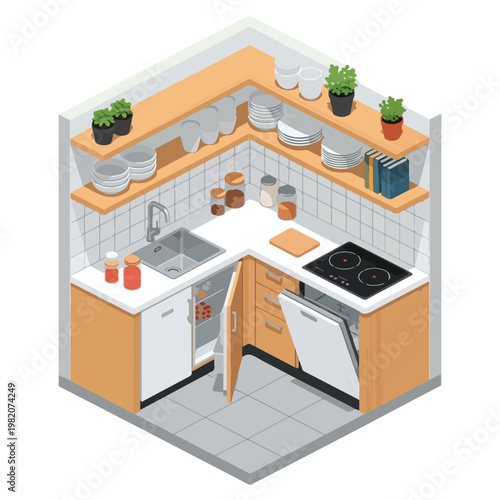 An isometric view of a modern compact kitchen with cabinets and appliances