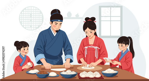 A family in traditional East Asian attire prepares dumplings at a wooden table
