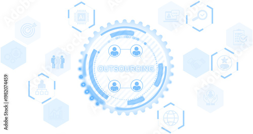 Photos Blue circular outsourcing icon with connected people in minimal graphic style on