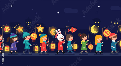 Happy children walking in a row at night carrying various colorful paper lanterns