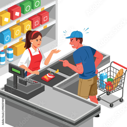 Angry customer and cashier arguing at a grocery store checkout counter isometric