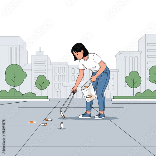 A woman picks up discarded cigarette butts with tongs to clean the city street