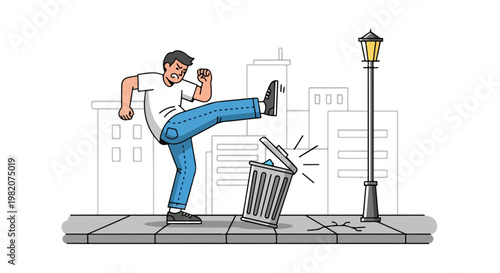 An angry man kicking a metal trash can while walking on a city sidewalk street