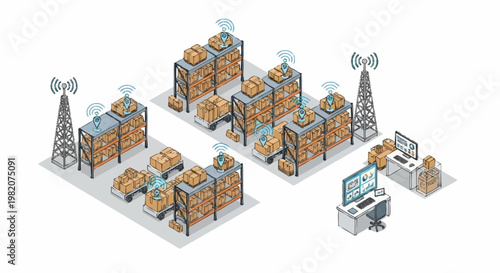 A logistics and shipping warehouse facility with cell towers and computer.