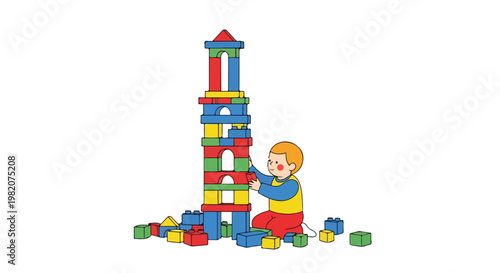 A cute cartoon child building a tall tower with colorful interlocking blocks