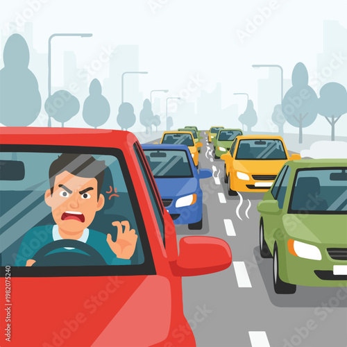 An angry driver in a red car is stuck in heavy urban traffic on a city road