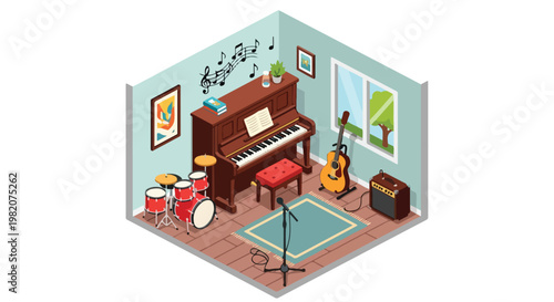 Isometric music practice room with a piano, drum set, guitar, and microphone set