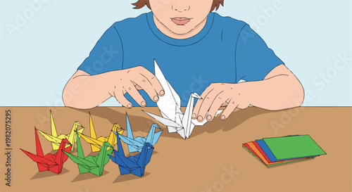 A person folding a white paper crane on a table with colorful origami figures