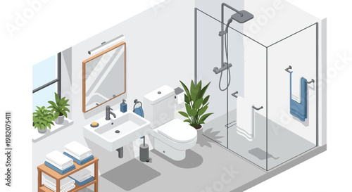 Isometric illustration of a clean, modern bathroom interior with plants and shower