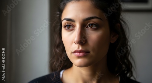 Thoughtful young woman looking away with soft light in indoor setting