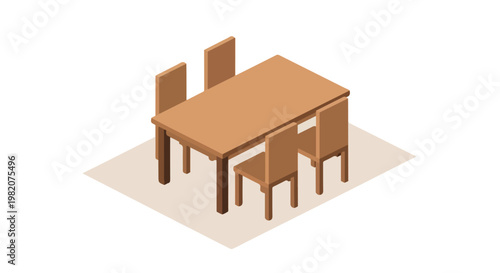 An isometric view of a minimalist wooden dining table with four matching chairs