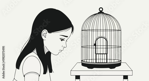 A sad girl looks at an empty birdcage sitting on a table in a line art style
