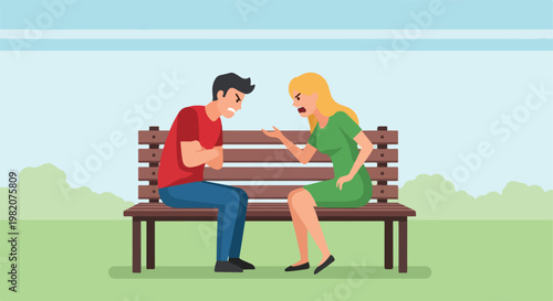 Angry couple sitting on a park bench and having a heated argument in the park