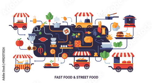 A vibrant, cheerful illustration of a food cart, suggesting street food, small business, and enjoyable experiences perfect for marketing or social med