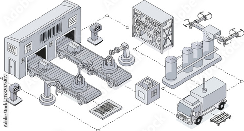 Automated Smart Warehouse Logistics System Isometric Line Art Illustration