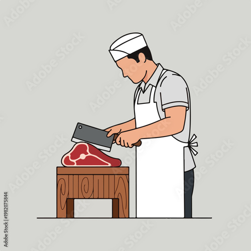A butcher wearing an apron and cap cuts a piece of raw red meat with a cleaver