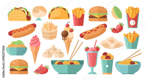 A vibrant, flat-style vector illustration showcasing pasta and a burger. Ideal for menus, websites, or social media content promoting delicious meals 