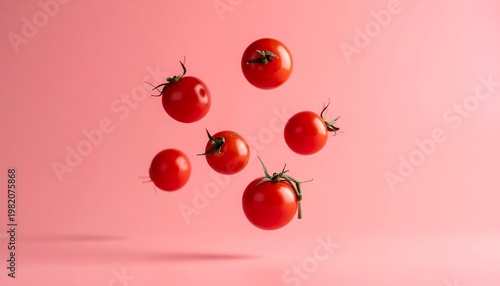 Six red cherry tomatoes float mid-air against a solid pink background, casting soft shadows