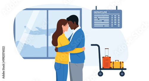 A couple embraces fondly at an airport departure terminal with their luggage