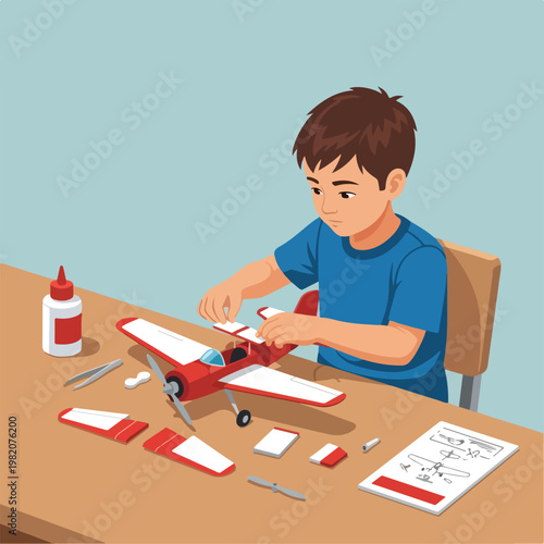 A young boy carefully assembles a red model airplane on a desk with instructions