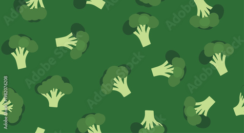 Seamless pattern of broccoli heads on a dark green background for vibrant food and health themed designs for use in advertising layouts and editorial visuals.