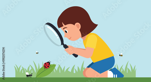 A young girl looks at a ladybug on a leaf through a handheld magnifying glass