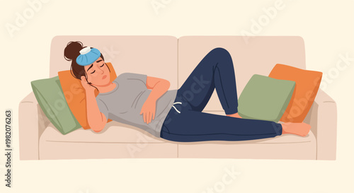 Sick woman lying on a beige sofa with an ice pack on her head, resting at home