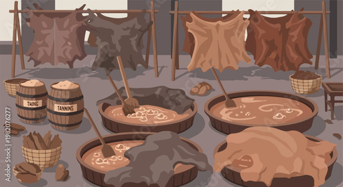 Cartoon illustration of a traditional leather tannery workshop with drying hides