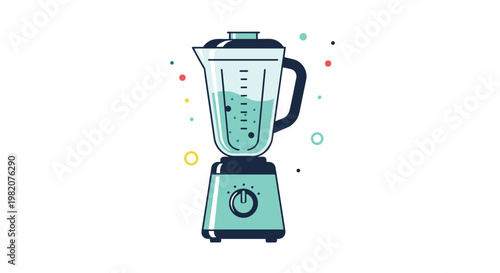 Colorful kitchen blender on a countertop blending fruits and ice into a smooth refreshing smoothie with a modern retro look and playful dots.